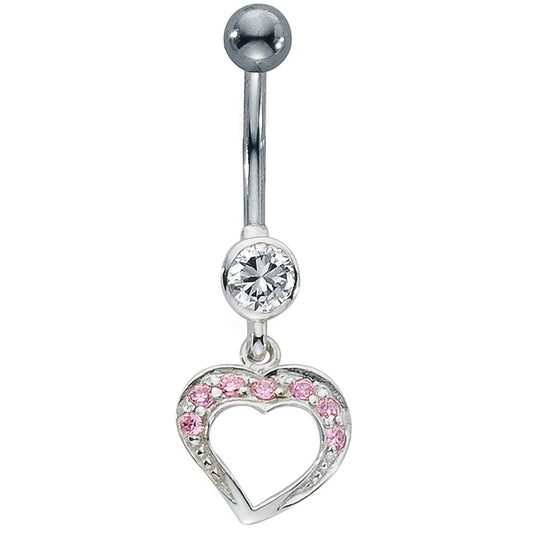 Piercing de ombligo Acero inoxidable, Plata Circonita rosa, 8 piedras Corazón