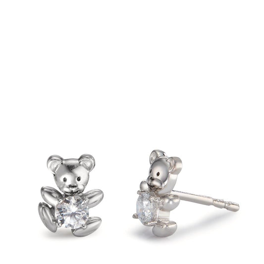 Pendientes Plata Circonita blanco, 2 piedras Rodio plateado Oso de peluche