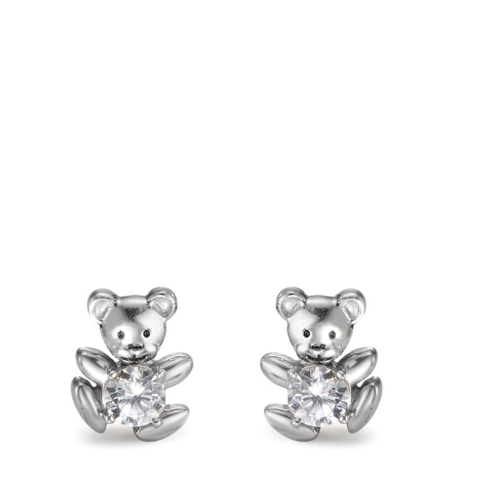 Pendientes Plata Circonita blanco, 2 piedras Rodio plateado Oso de peluche