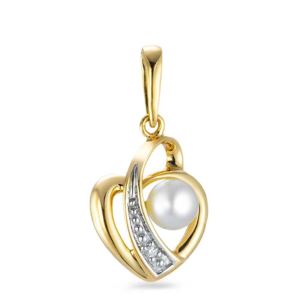 Colgante 750/oro amarillo de 18 quilates Diamante 0.005 ct, w-si Perla cultivada de agua dulce Corazón