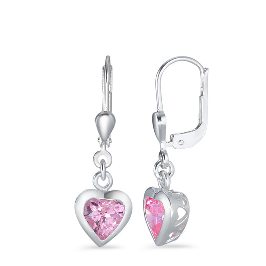 Pendientes Plata Circonita rosa, 2 piedras Corazón