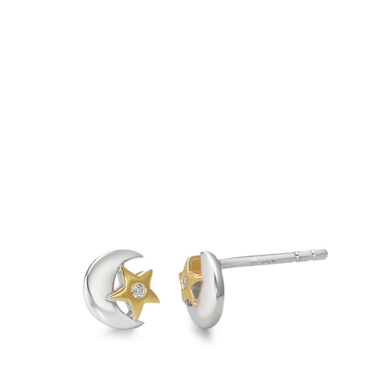 Pendientes Plata Circonita 2 piedras Amarillo Bicolor luna