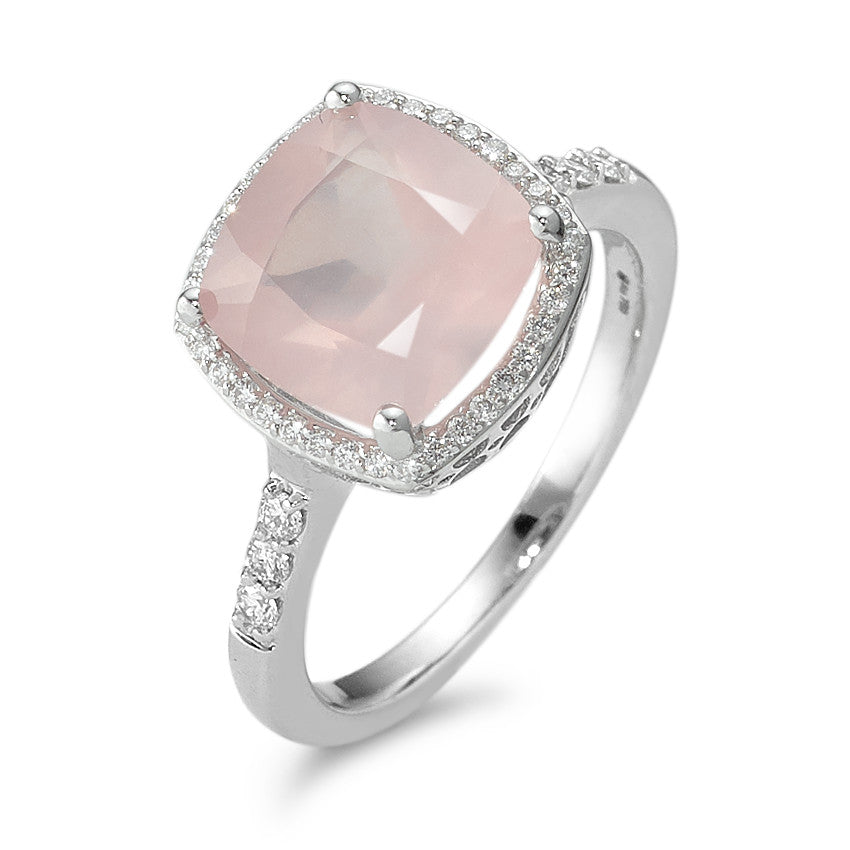 Anillo de dedo 750/oro blanco de 18 quilates Cuarzo rosa rosa, Diamante blanco, 0.20 ct, 40 piedras, w-si Ø11 mm