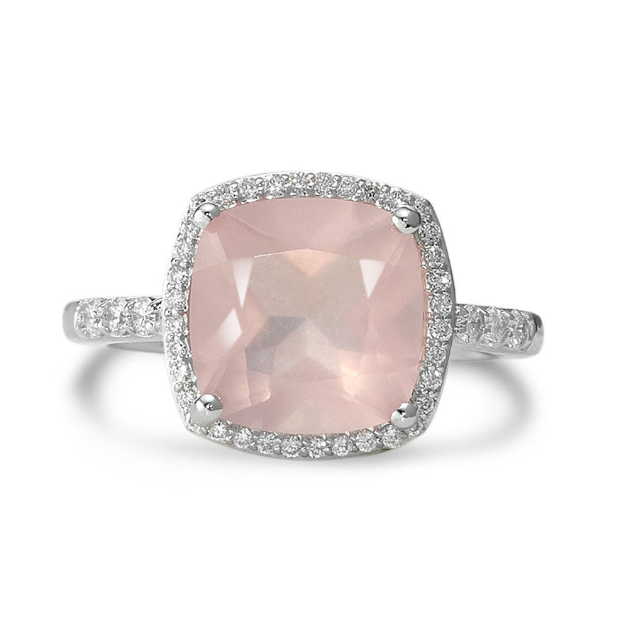 Anillo de dedo 750/oro blanco de 18 quilates Cuarzo rosa rosa, Diamante blanco, 0.20 ct, 40 piedras, w-si Ø11 mm