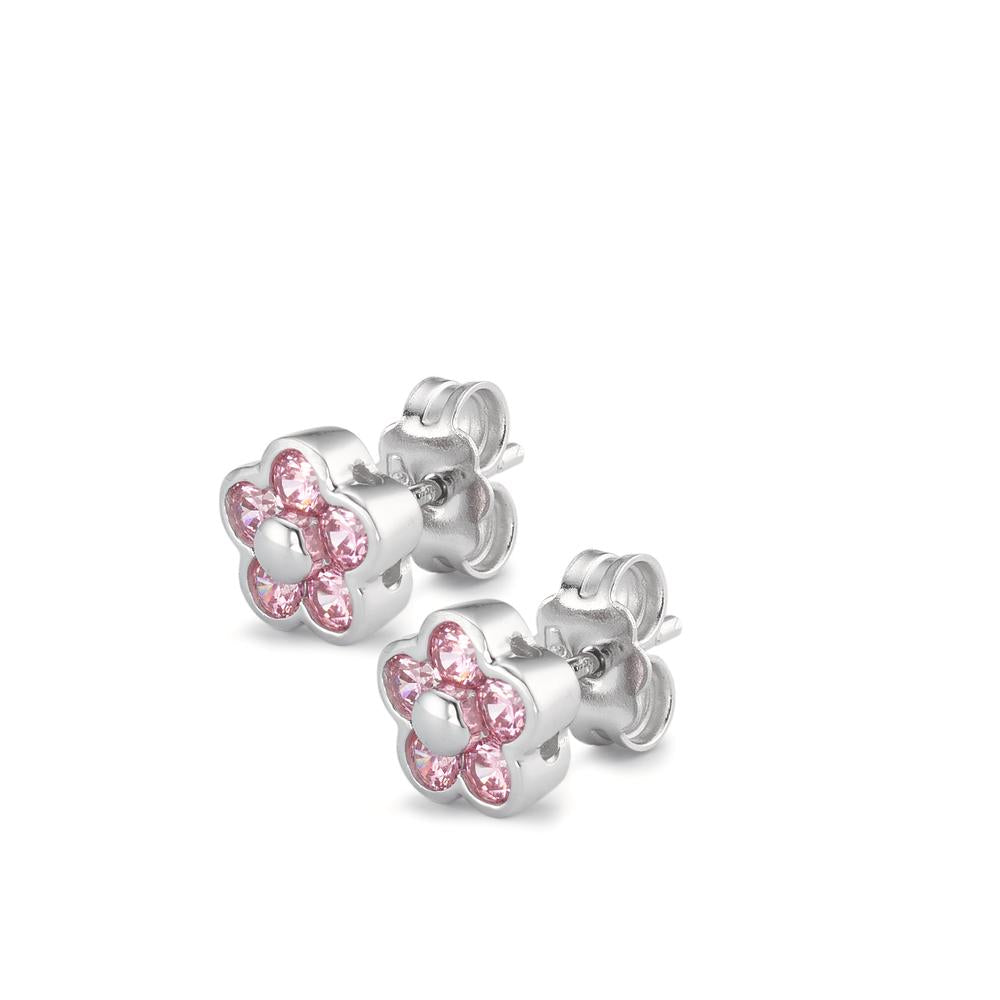 Pendientes 750/oro blanco de 18 quilates Circonita rosa, 10 piedras Flor Ø7 mm