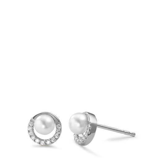 Pendientes Plata Circonita 20 piedras Rodio plateado Perla cultivada de agua dulce Ø7.5 mm