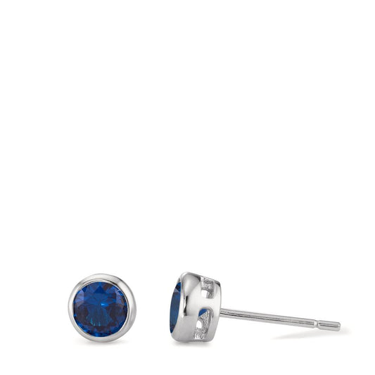 Pendientes Plata Circonita azul zafiro, 2 piedras Rodio plateado Ø6 mm