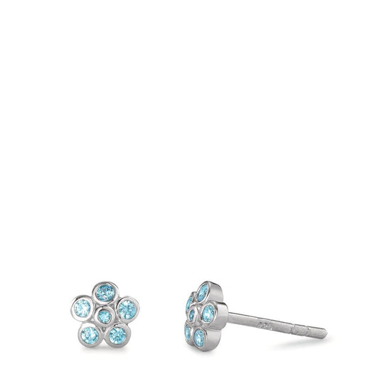 Pendientes Plata Circonita agua, 12 piedras Rodio plateado Flor Ø6 mm