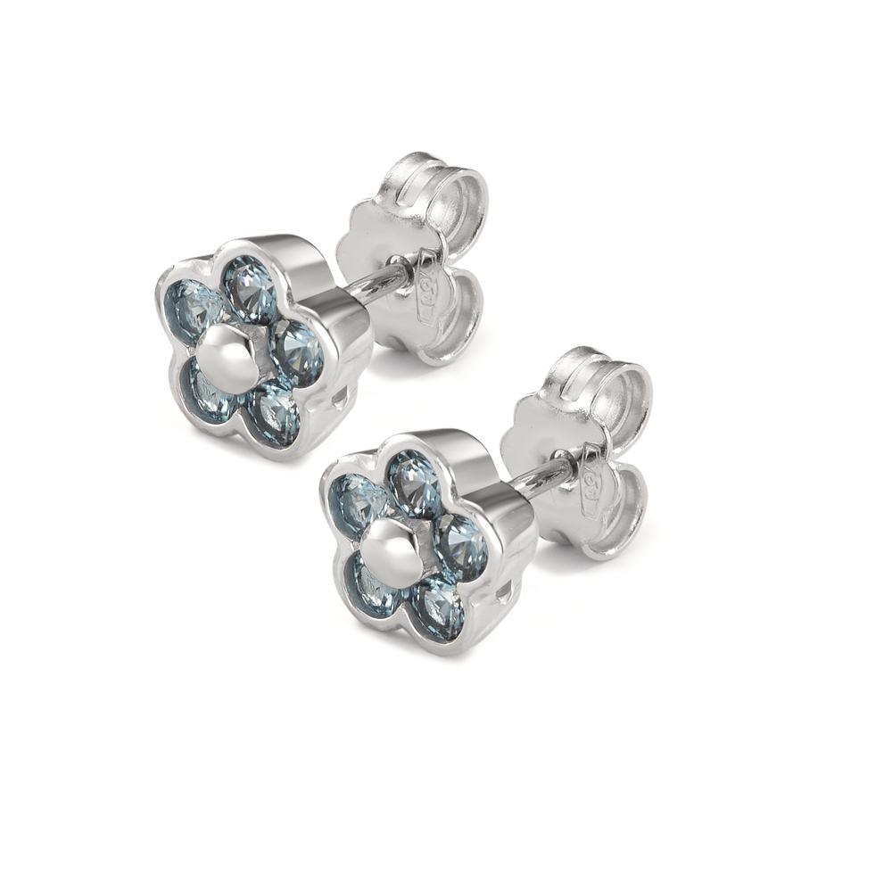 Pendientes 750/oro blanco de 18 quilates Circonita Azul claro, 10 piedras Flor Ø7 mm