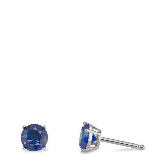 Pendientes Plata Circonita azul zafiro, 2 piedras Rodio plateado Ø6 mm