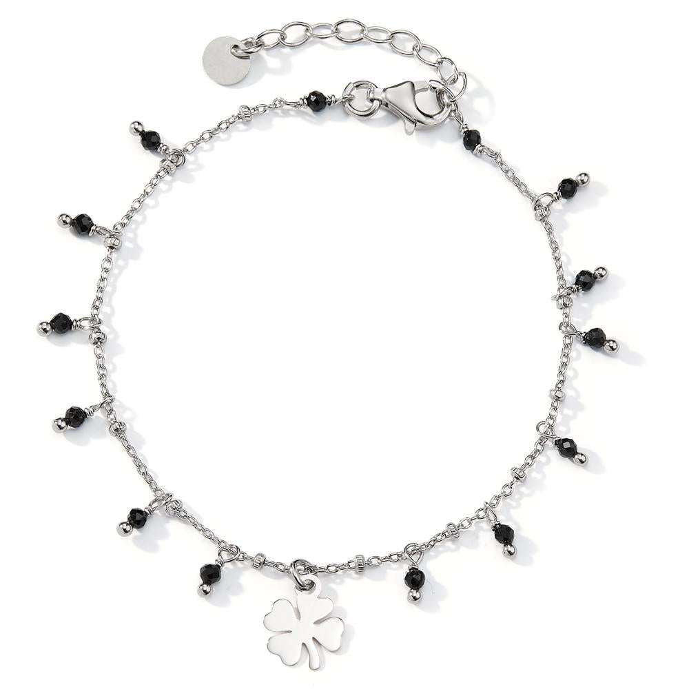 Pulsera Plata Cristal negro, 14 piedras Rodio plateado Trébol 16-19 cm