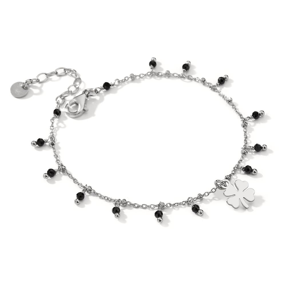 Pulsera Plata Cristal negro, 14 piedras Rodio plateado Trébol 16-19 cm