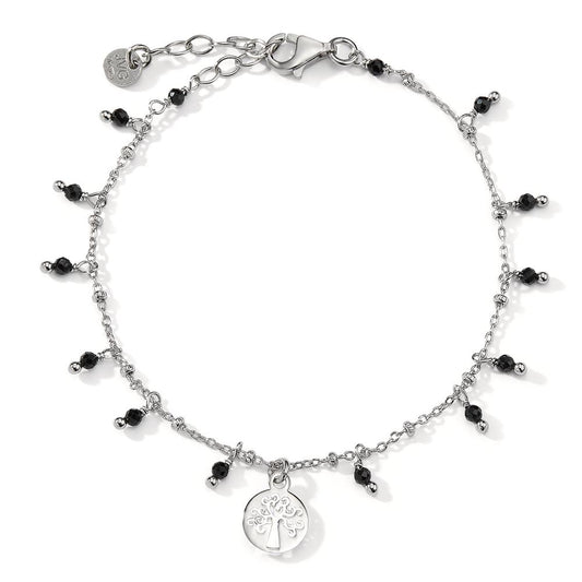 Pulsera Plata Cristal negro, 14 piedras Rodio plateado árbol de la vida 16-19 cm