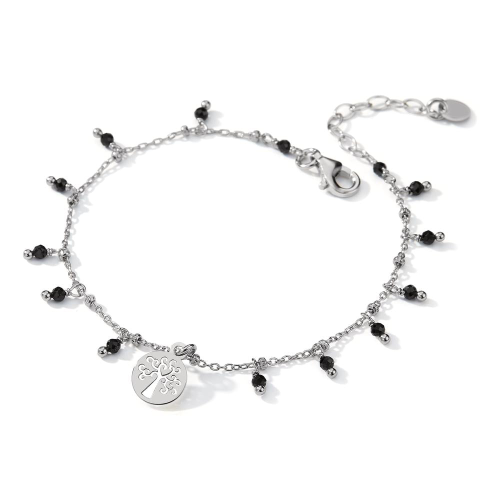 Pulsera Plata Cristal negro, 14 piedras Rodio plateado árbol de la vida 16-19 cm