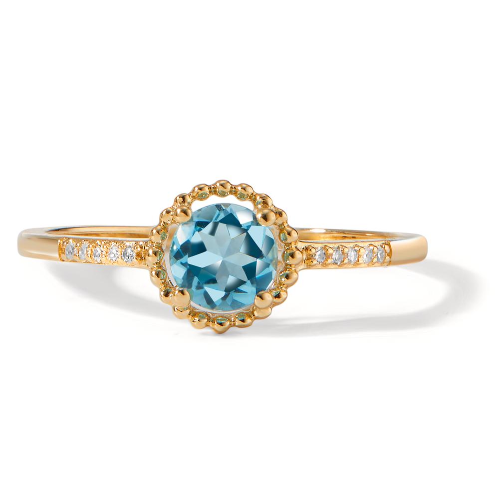 Anillo de dedo Oro amarillo de 585/14 kt. Topacio azul, Diamante 0.03 ct, 10 piedras, w-si