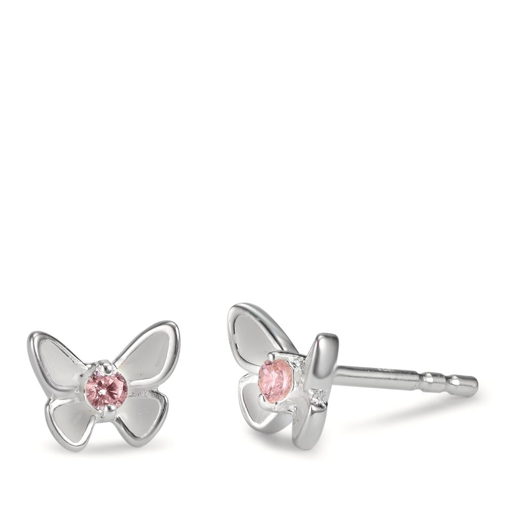 Pendientes Plata Circonita rosa, 2 piedras Esmaltado Mariposa Ø7 mm