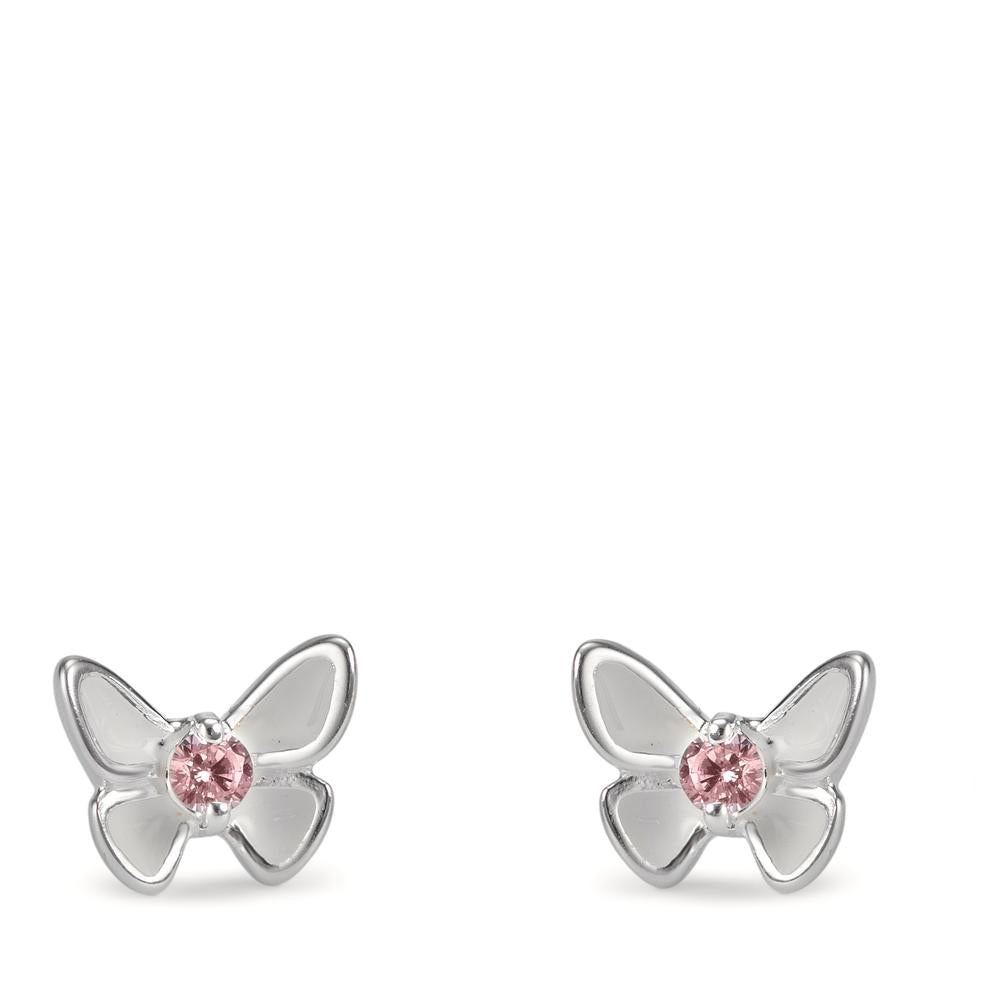 Pendientes Plata Circonita rosa, 2 piedras Esmaltado Mariposa Ø7 mm