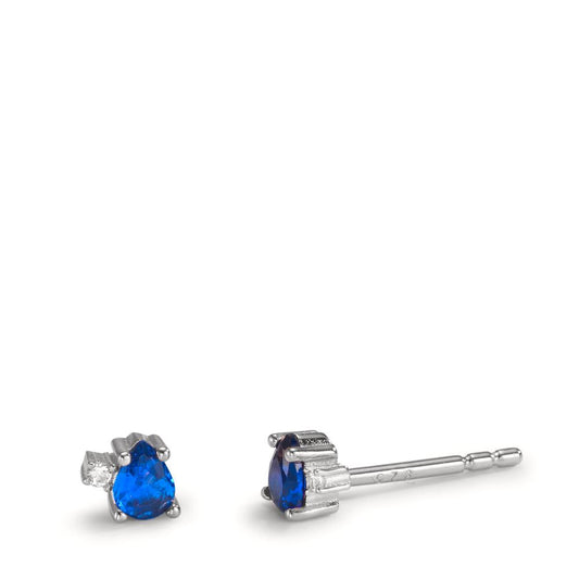 Pendientes Plata Circonita azul zafiro, 4 piedras Rodio plateado Ø4 mm