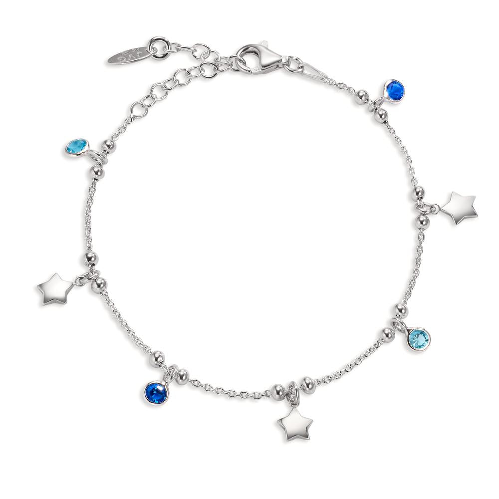 Pulsera Plata Circonita azul, 3 piedras Rodio plateado estrella 16-19 cm