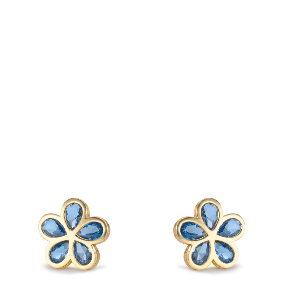 Pendientes Oro amarillo de 375/9K Circonita azul, 5 piedras Flor Ø7.3 mm