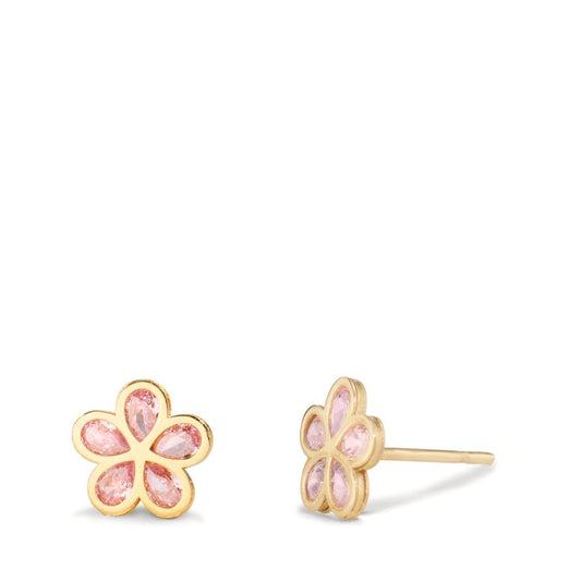 Pendientes Oro amarillo de 375/9K Circonita rosa, 5 piedras Flor Ø7.3 mm