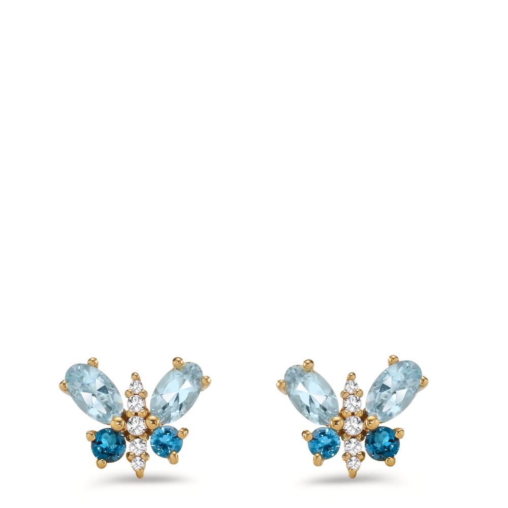 Pendientes Plata Circonita 10 piedras, Topacio azul de Londres 4 piedras, Topacio azul, 4 piedras Amarillo Dorado Mariposa